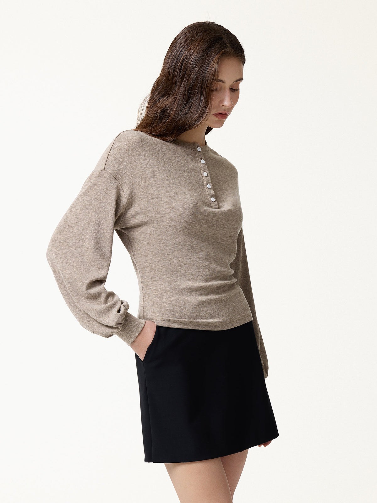 LiteWarm Slub Ribbed Henley Neck Batwing Sleeve Close-Fit Hem Top