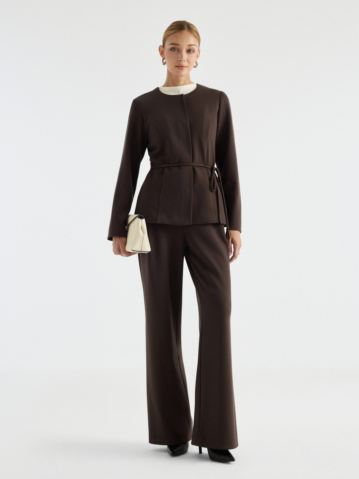 2Pcs Set Round Neck Belted Jacket with Pockets & High-Rise Wide-Leg Pants with Pockets