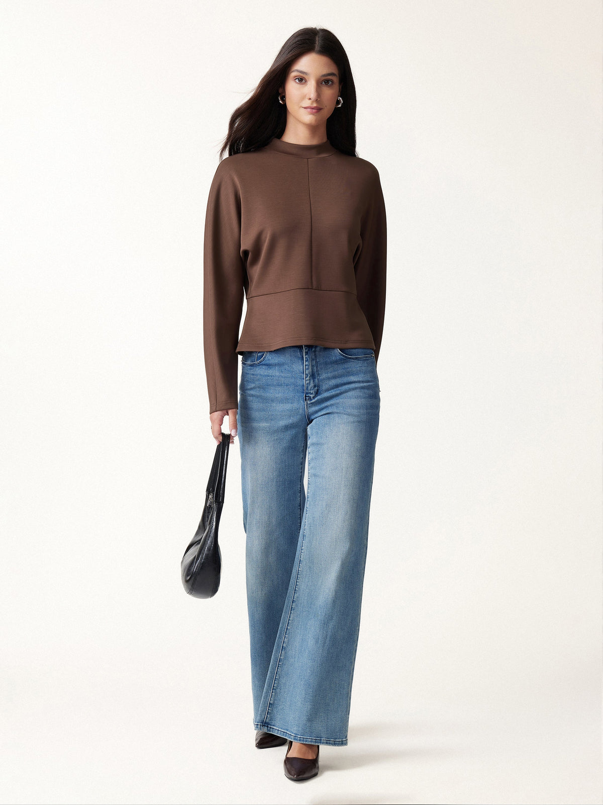 Modal Spacer Knit Mock Neck Batwing Sleeve Banded Hem Top