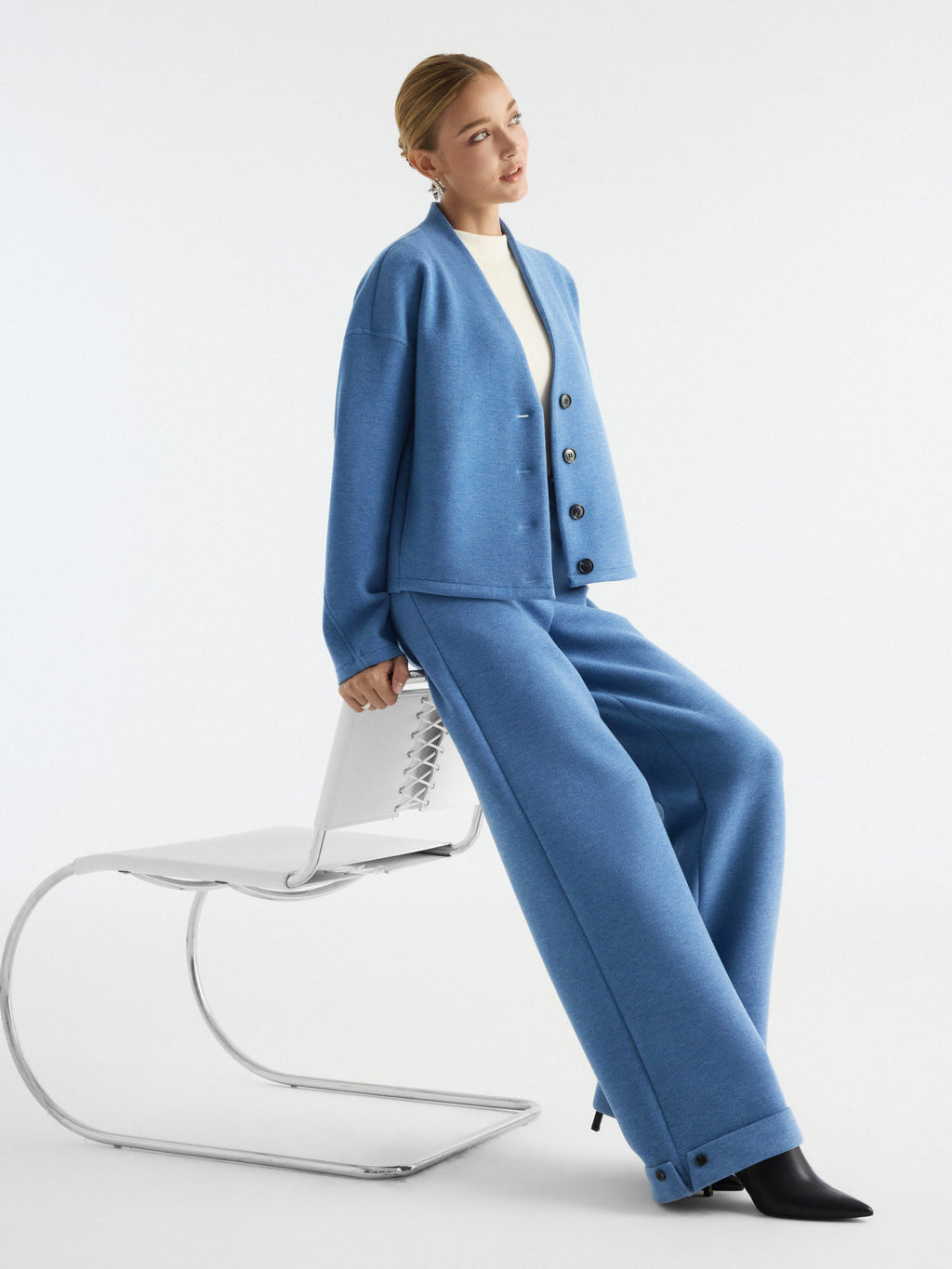 2Pcs Set V-Neck Button-Down Cardigan with Pockets & High-Rise Wide-Leg Pants with Pockets