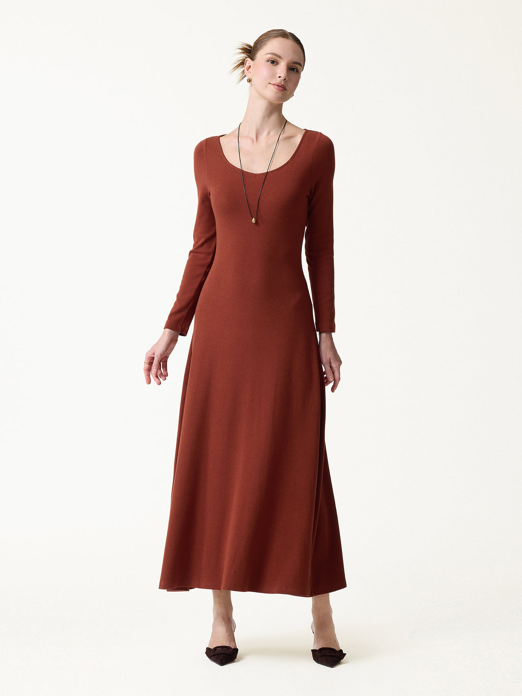 LiteWarm Diamond Neck Long Sleeve Drapey Maxi Built-In Bra Dress 2.0