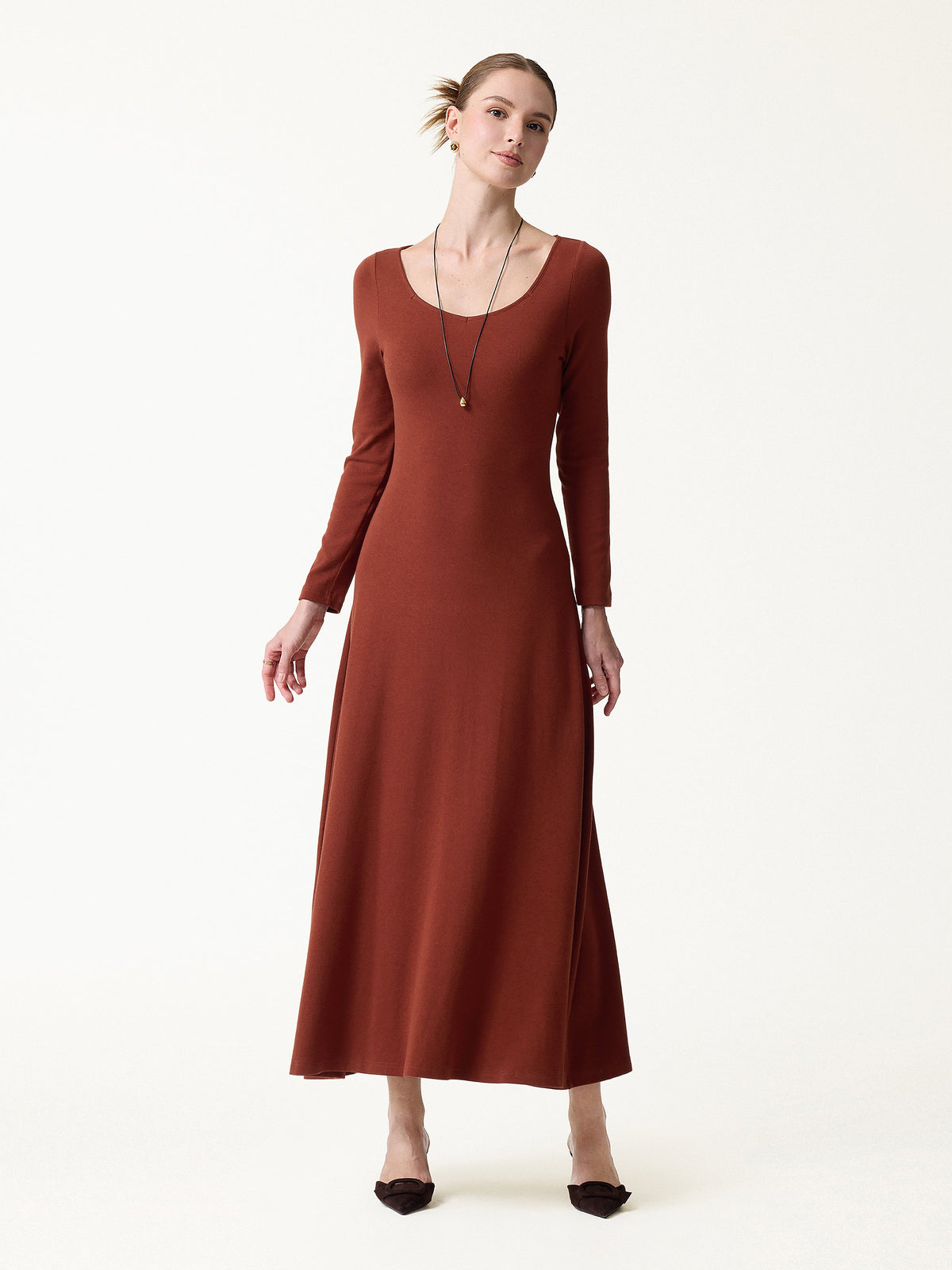 LiteWarm Diamond Neck Long Sleeve Drapey Maxi Built-In Bra Dress 2.0