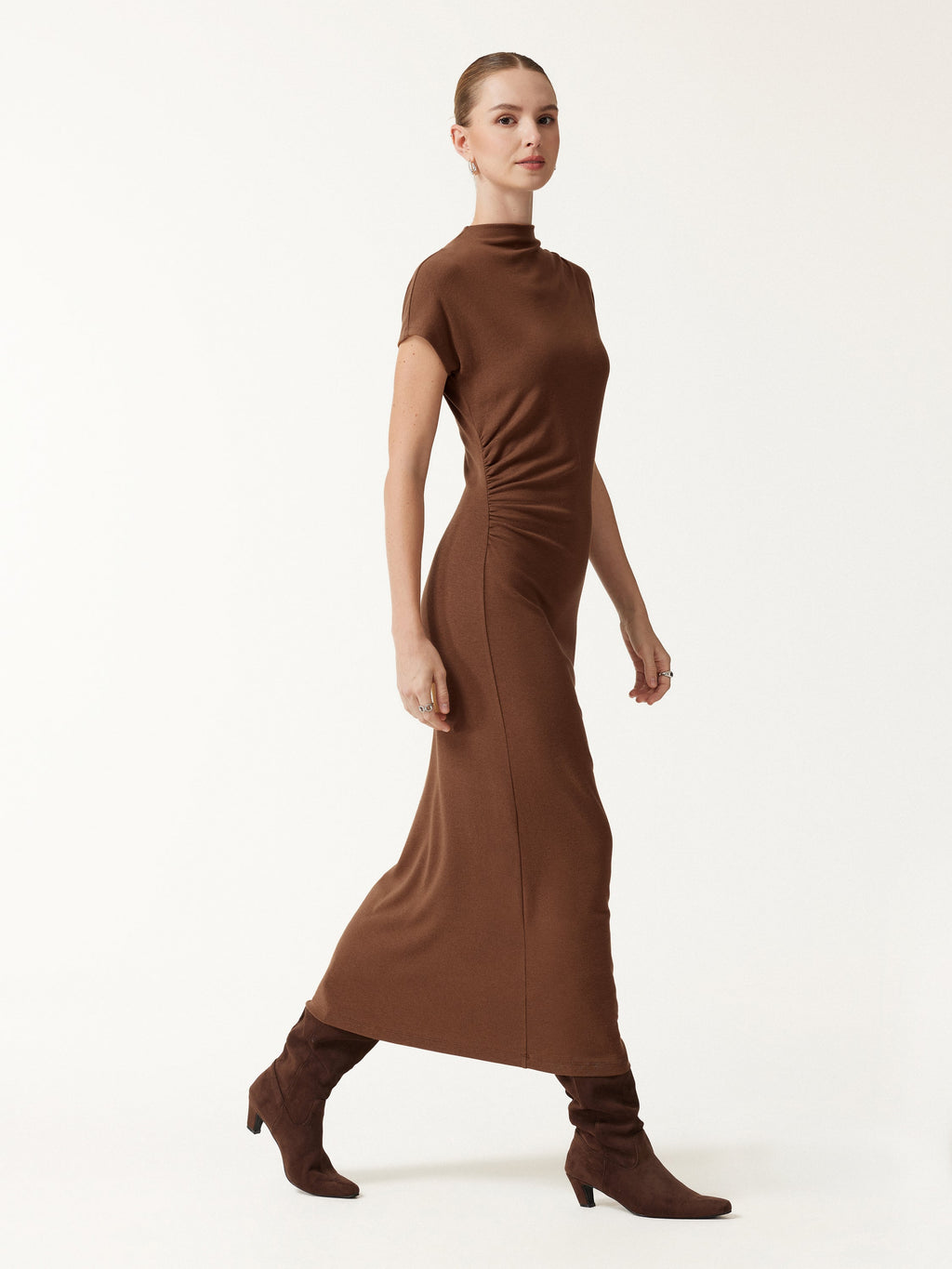 LiteWarm Mock Neck Cap Sleeve Ruched Midi Dress