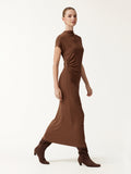 LiteWarm Mock Neck Cap Sleeve Ruched Midi Dress
