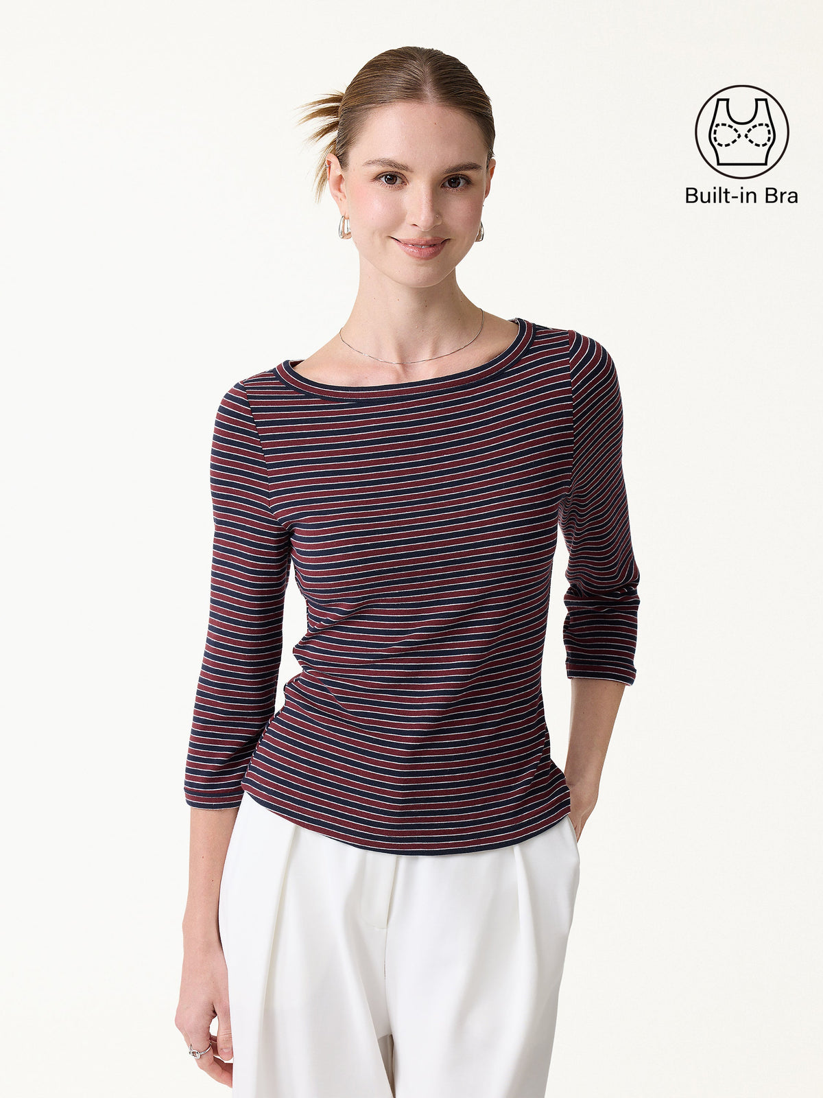 LiteWarm Striped Parisian Boatneck 3/4 Sleeve Built-In Bra Top 2.0