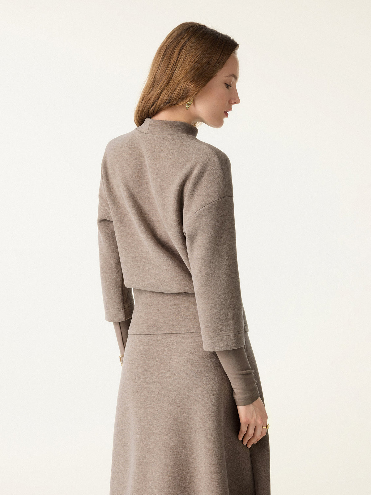 2Pcs Set FuzzLuxe Mockneck Sleeve-Warmer Top &  Midi A-line Circle Skirt
