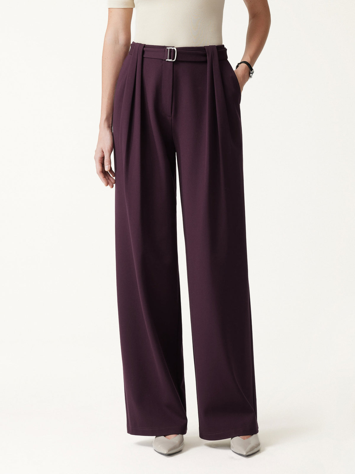Stretch Ponte High-Rise Belted Wide-Leg Pants with Pockets