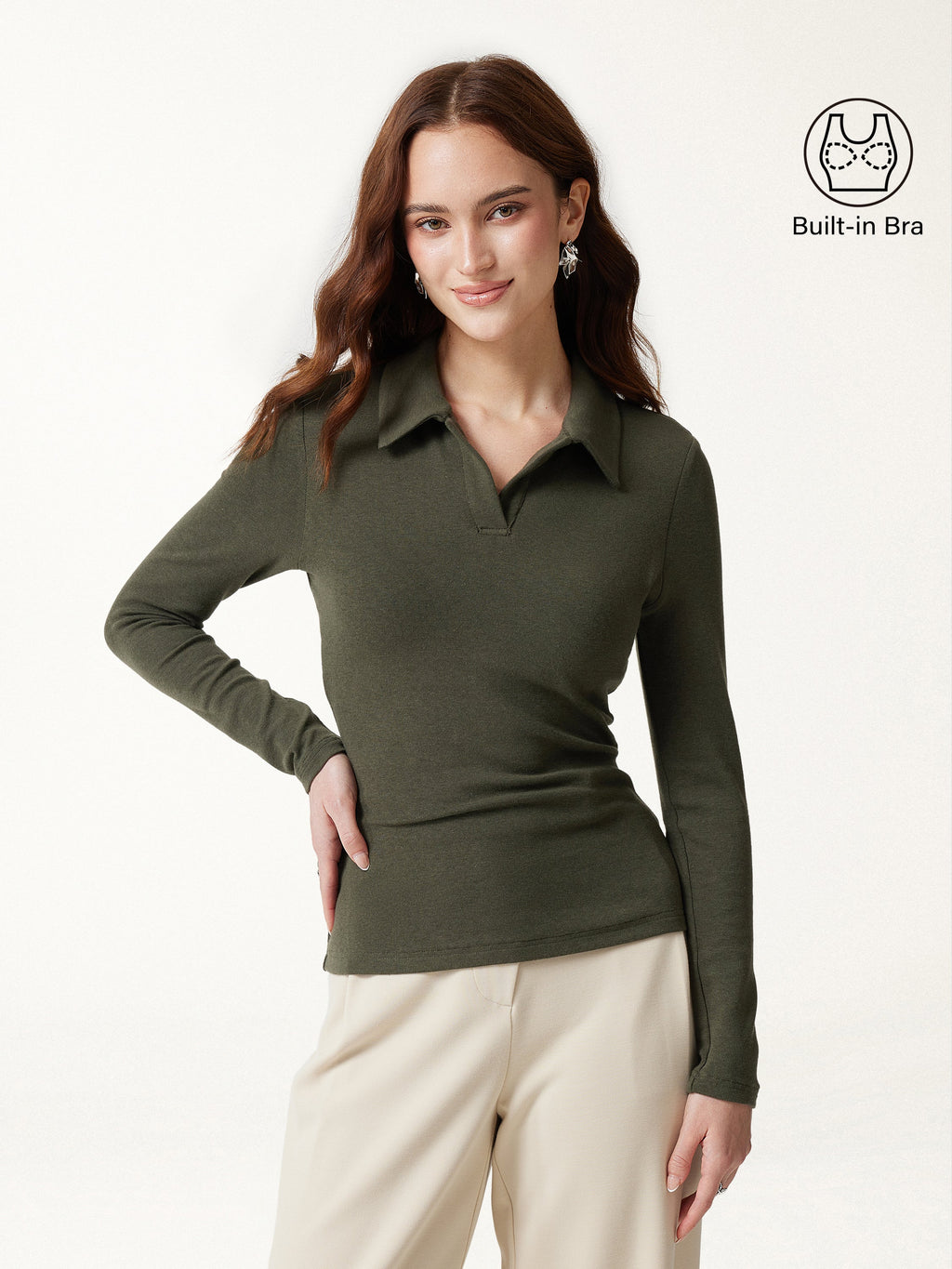 LiteWarm Office Staple V-Neck Lapel Long Sleeve Built-In Bra Top 2.0