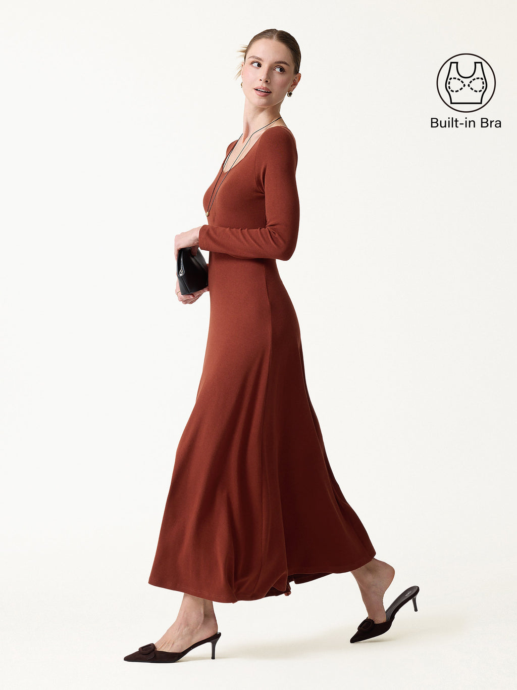 LiteWarm Diamond Neck Long Sleeve Drapey Maxi Built-In Bra Dress 2.0