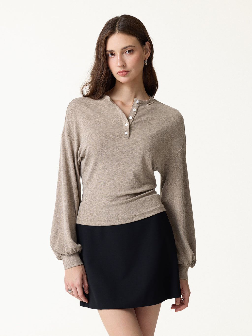 LiteWarm Slub Ribbed Henley Neck Batwing Sleeve Close-Fit Hem Top