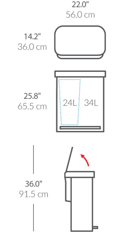 58L Dual Compartment Rectangular Step Can with Liner Pocket dimensions