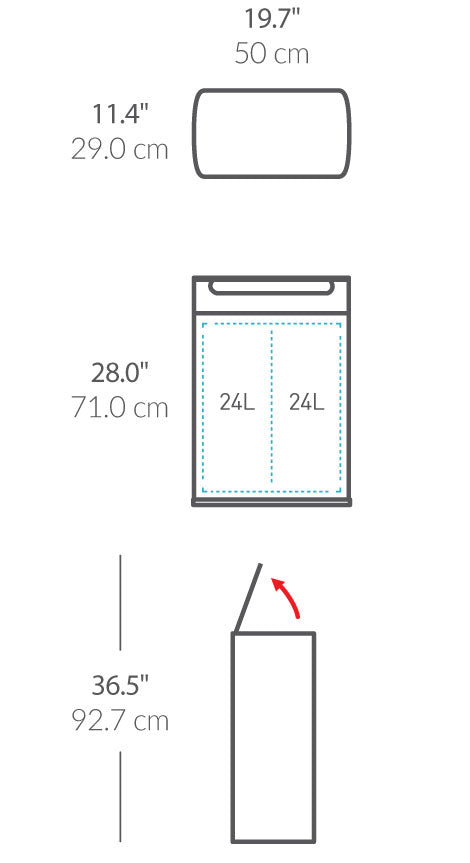 48L Dual Compartment Rectangular Touch-Bar Can dimensions