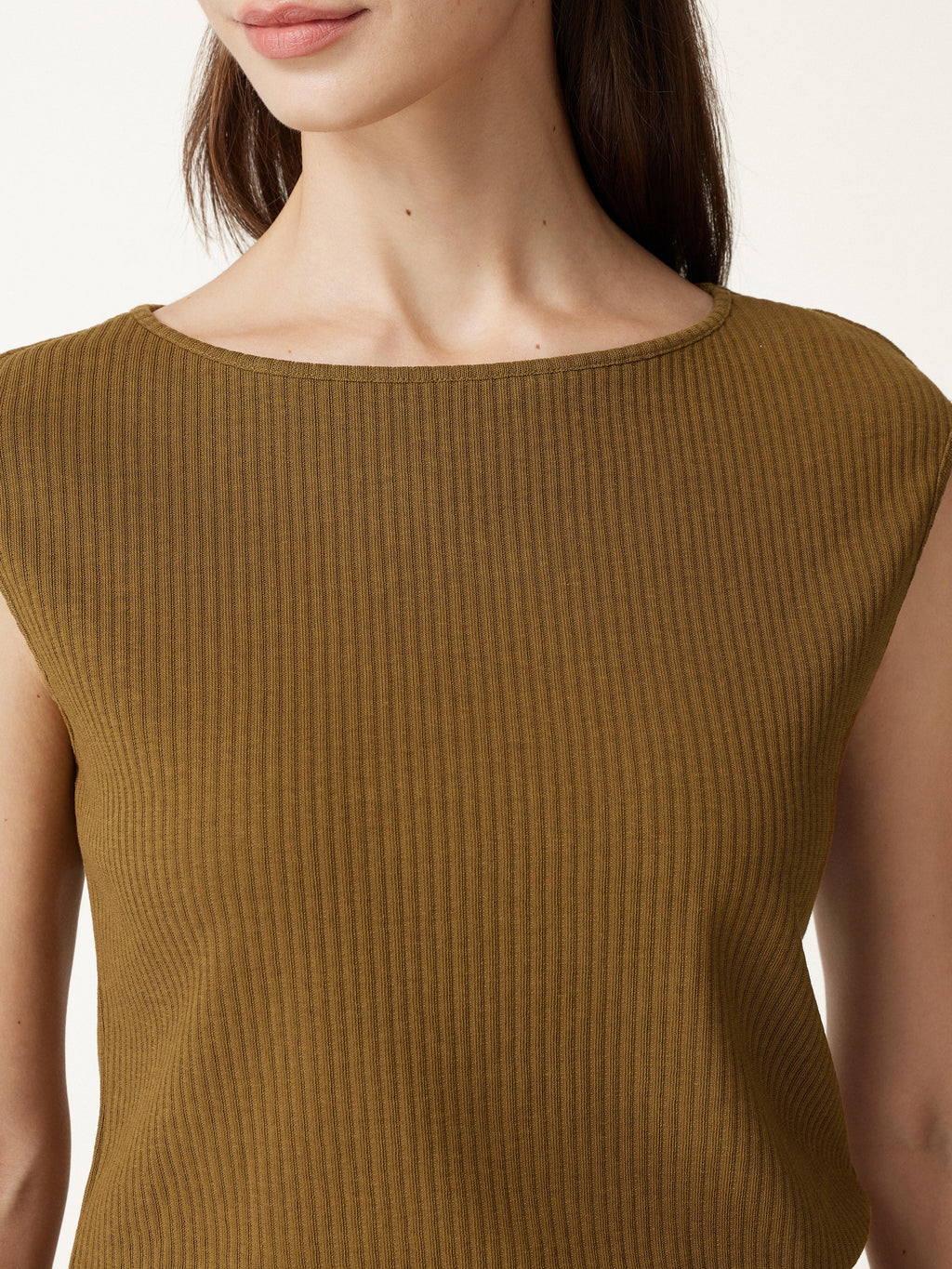 Textured Cotton Blend Boatneck Sleeveless Banded Hem Top