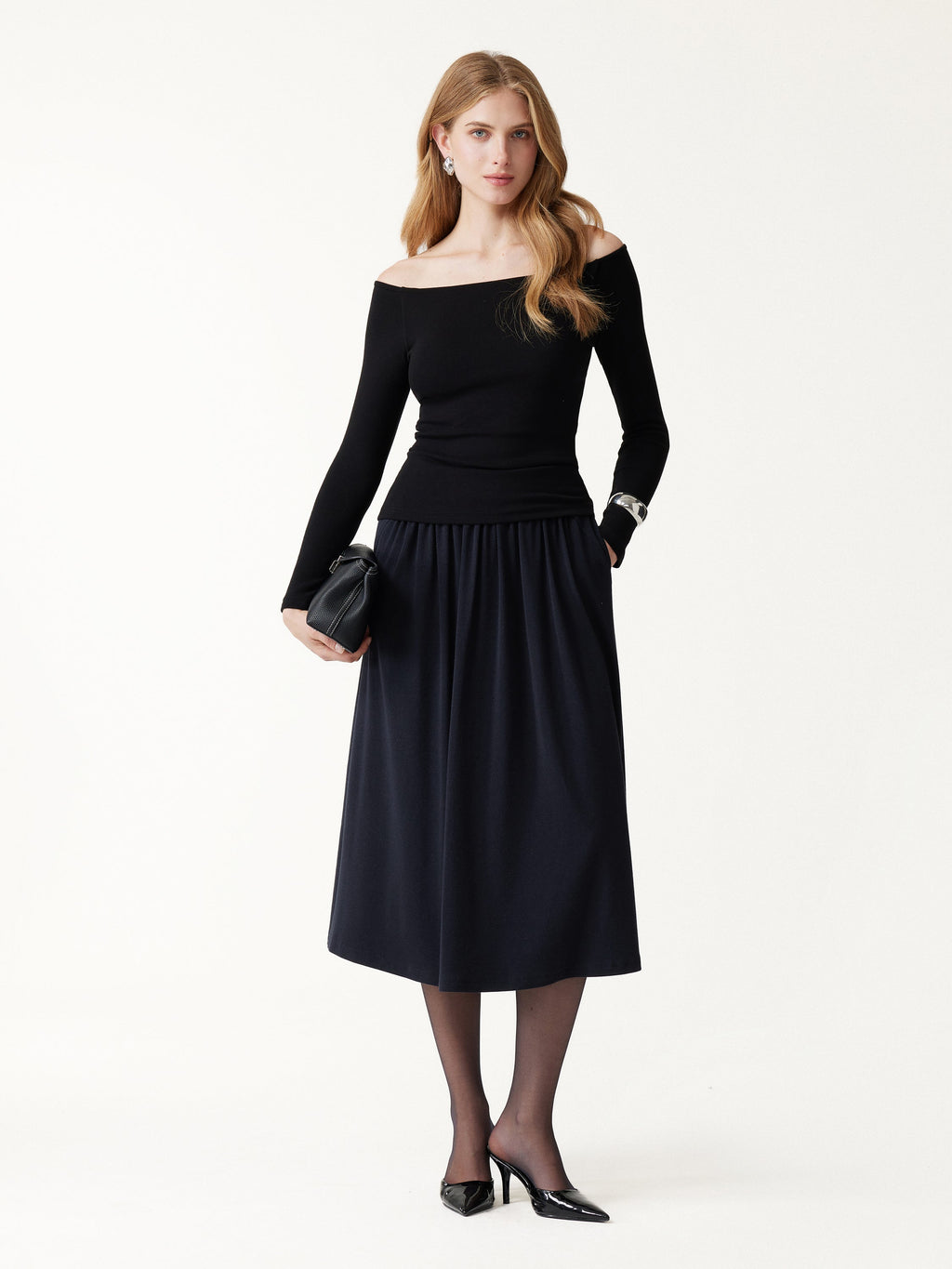 LiteWarm High-Rise Gathered A-Line Midi Skirt with Pockets