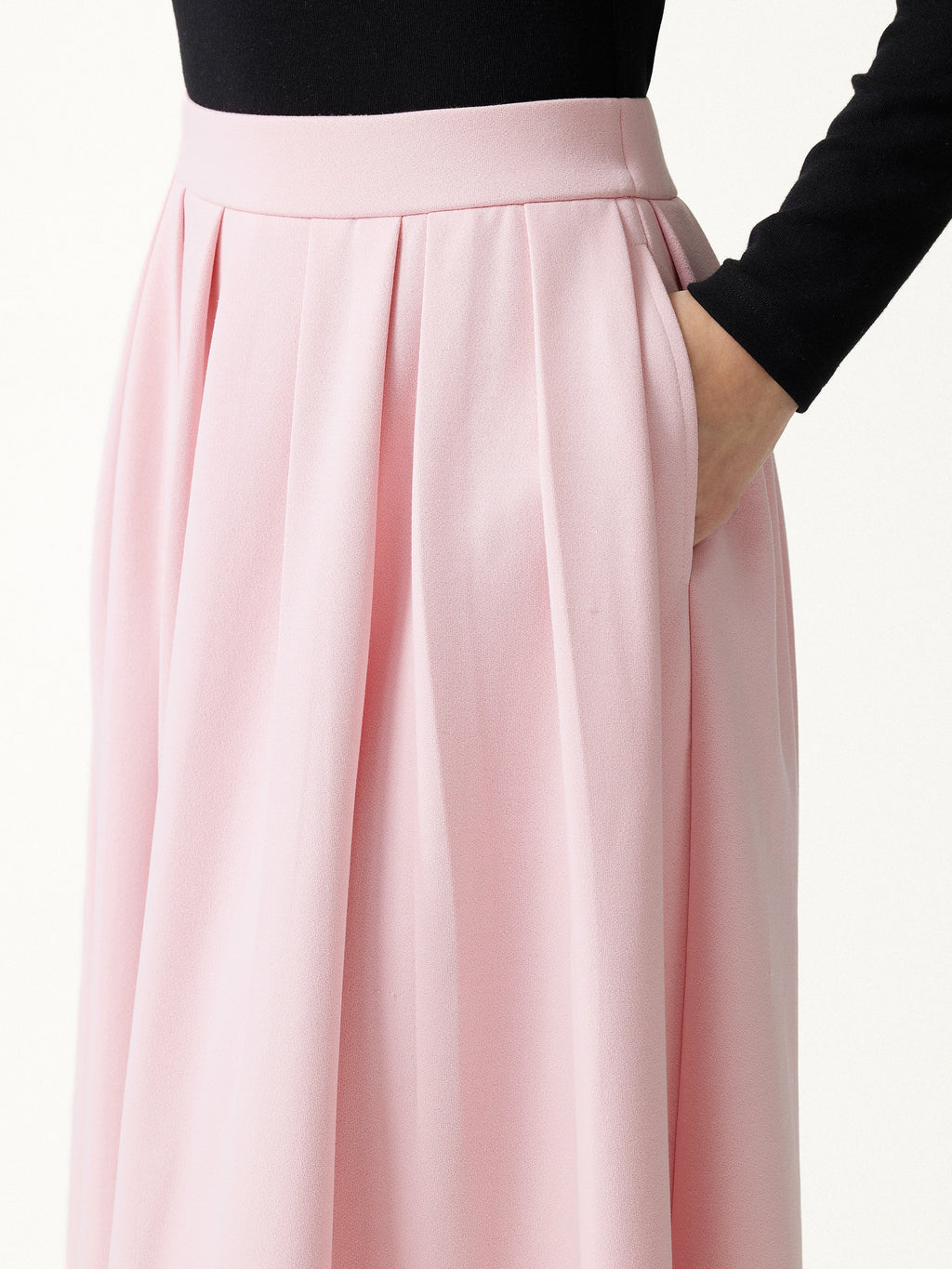 Viscose Ponte High-Rise Tucked Umbrella Midi Skirt with Pockets
