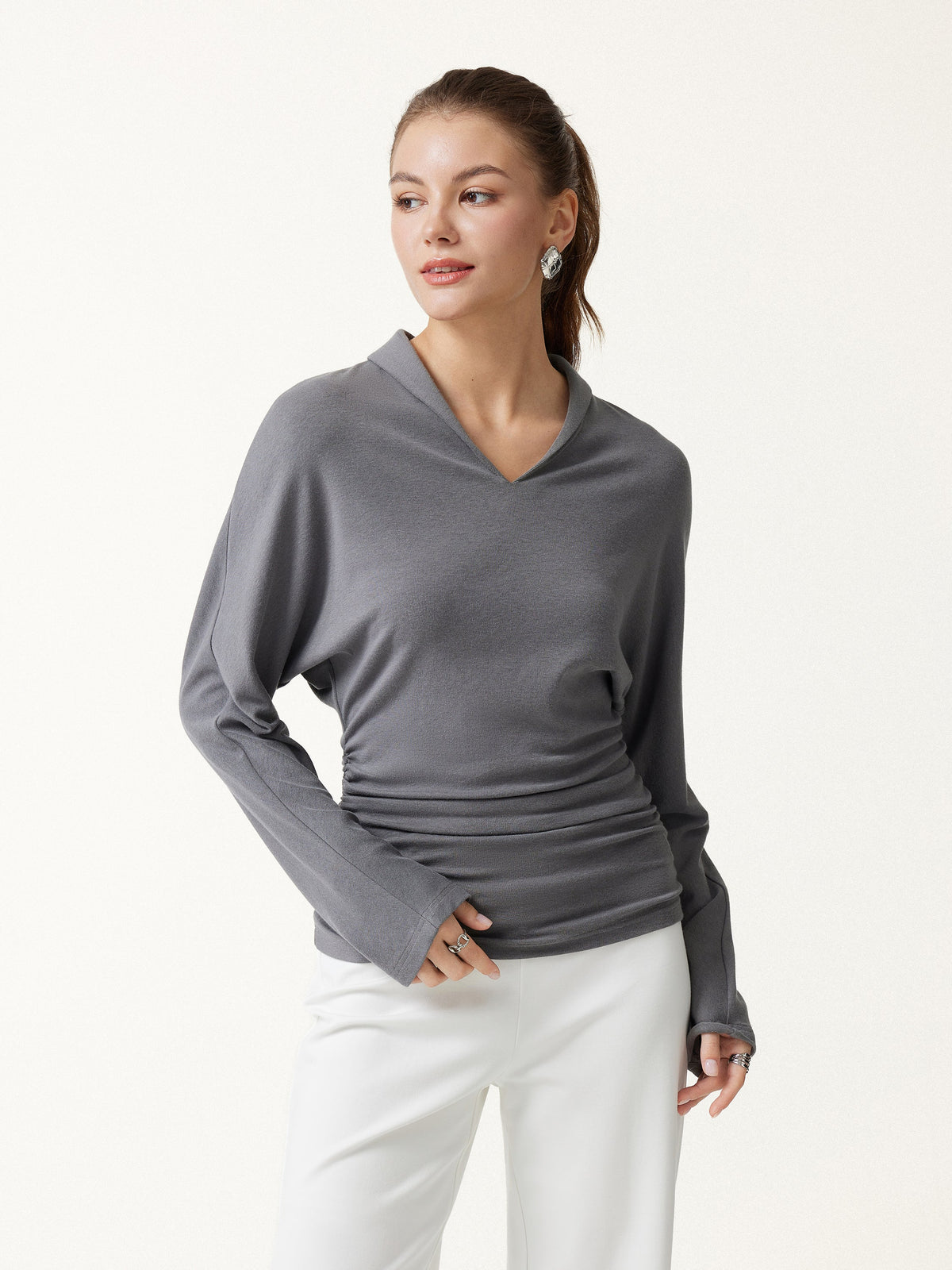 LiteWarm V-Neck Long Sleeve Ruched Cinched-Waist Top