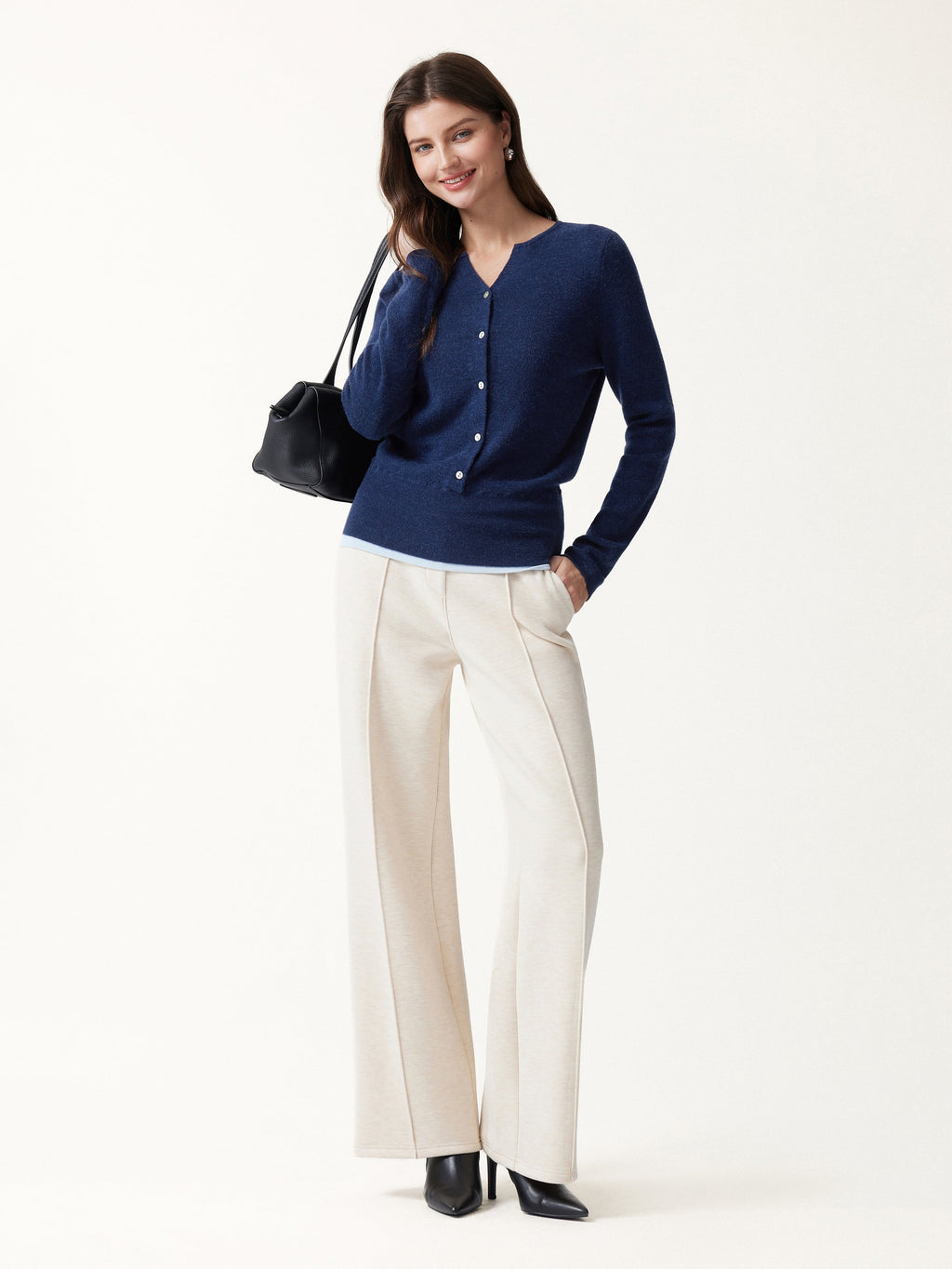 Merino Blend V-Neck Long Sleeve Half-Placket Sweater