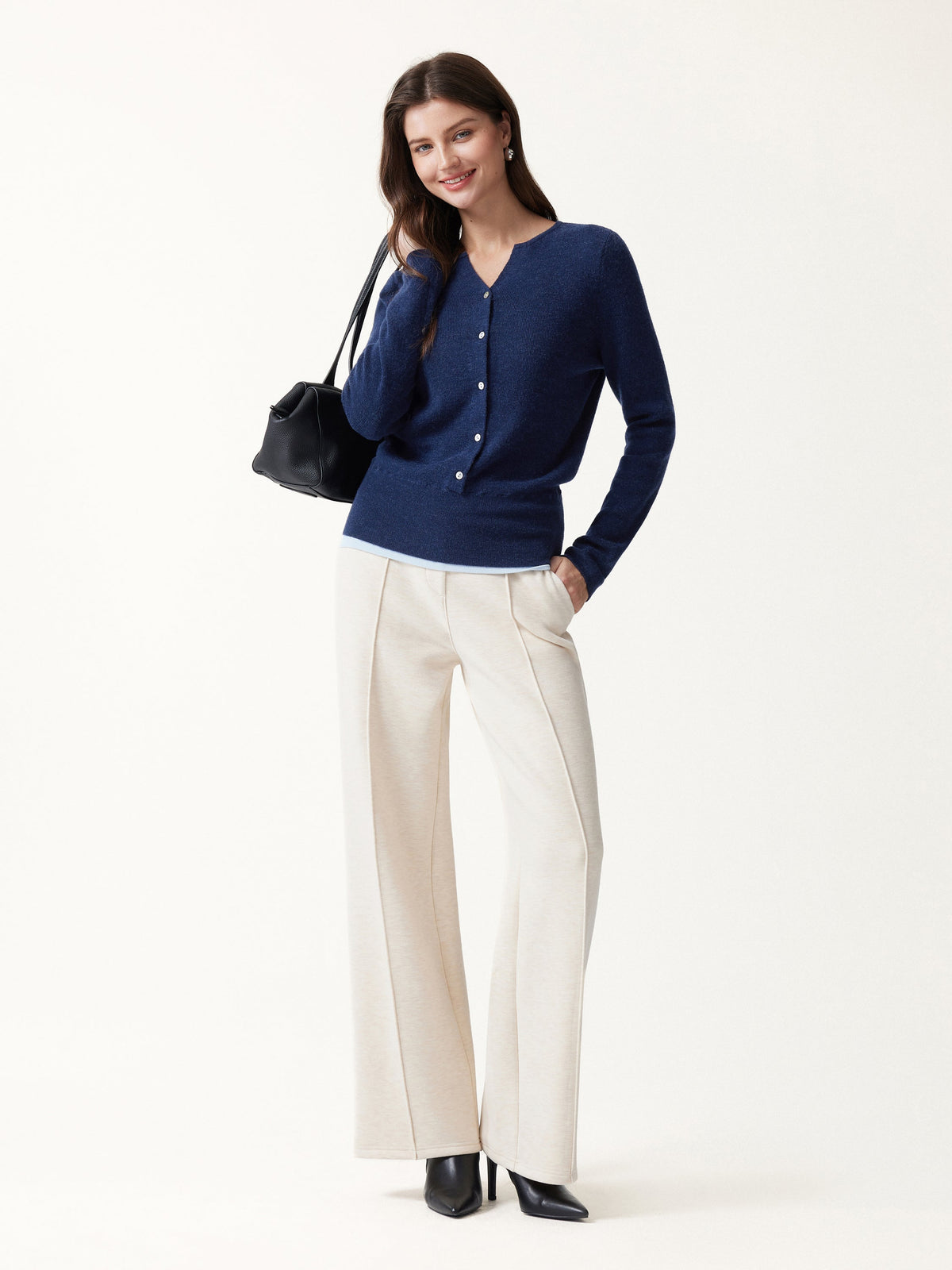 Merino Blend V-Neck Long Sleeve Half-Placket Sweater
