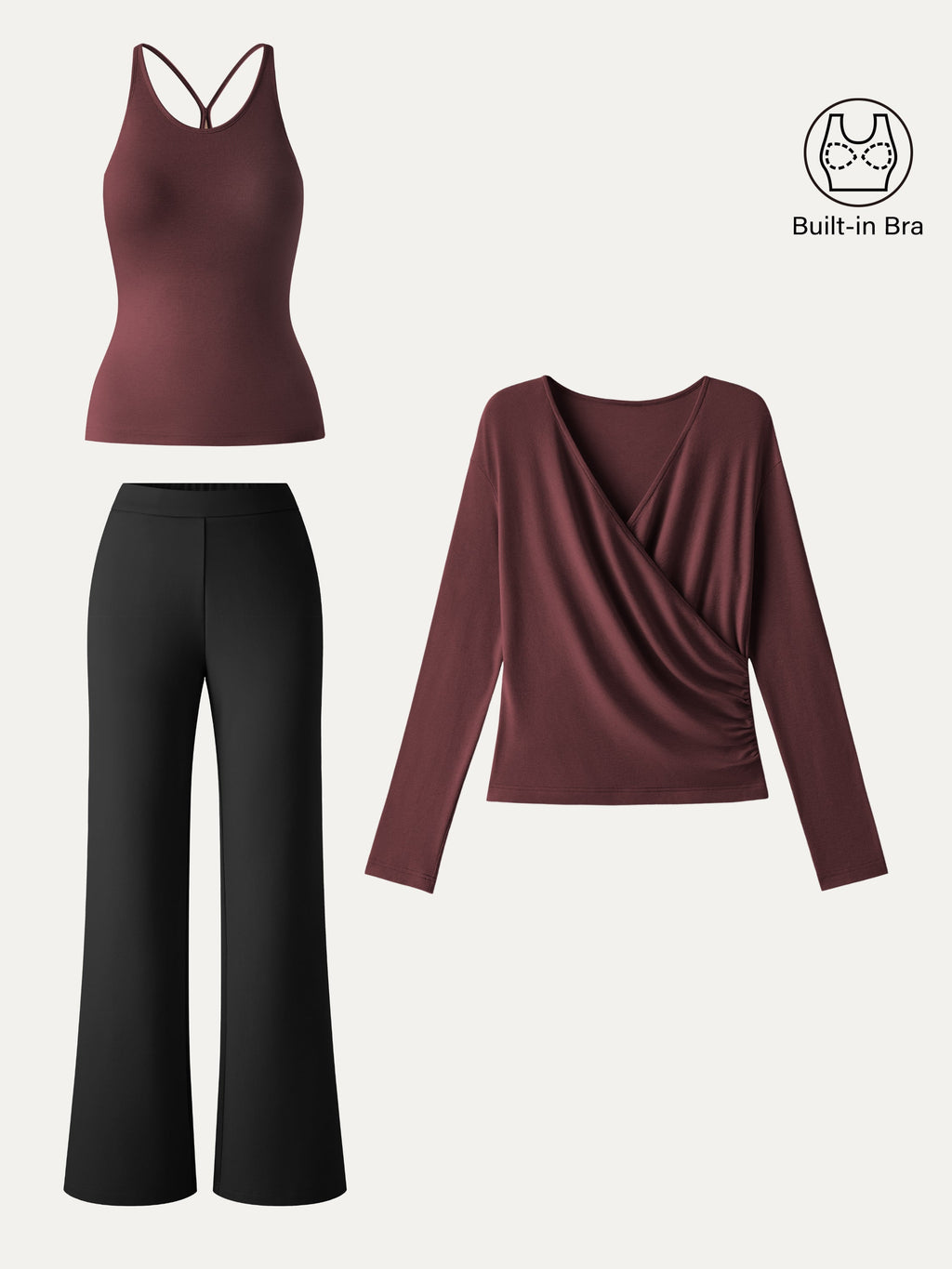 3Pcs Set Surplice Ruched Built-In Bra Top 2.0 & Slim Flared Pants with Pockets