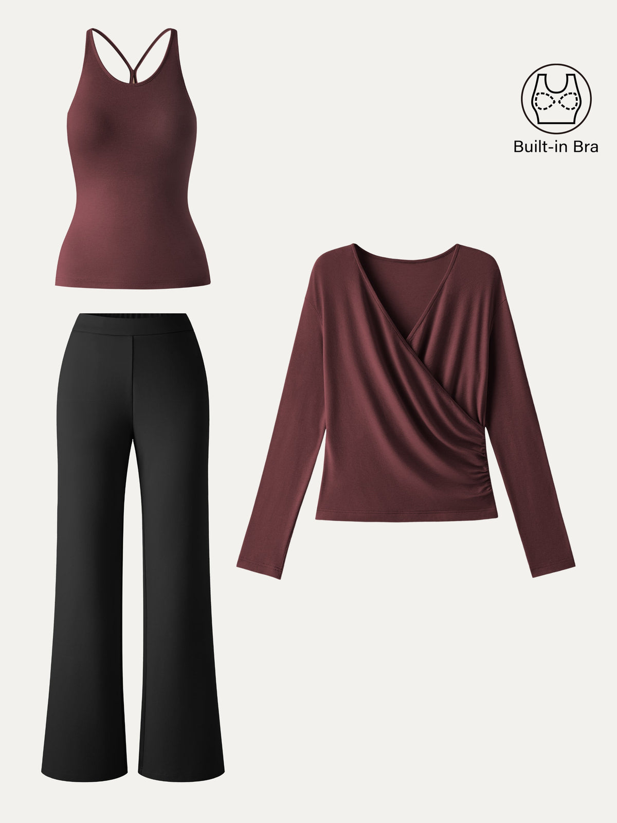 3Pcs Set Surplice Ruched Built-In Bra Top 2.0 & Slim Flared Pants with Pockets
