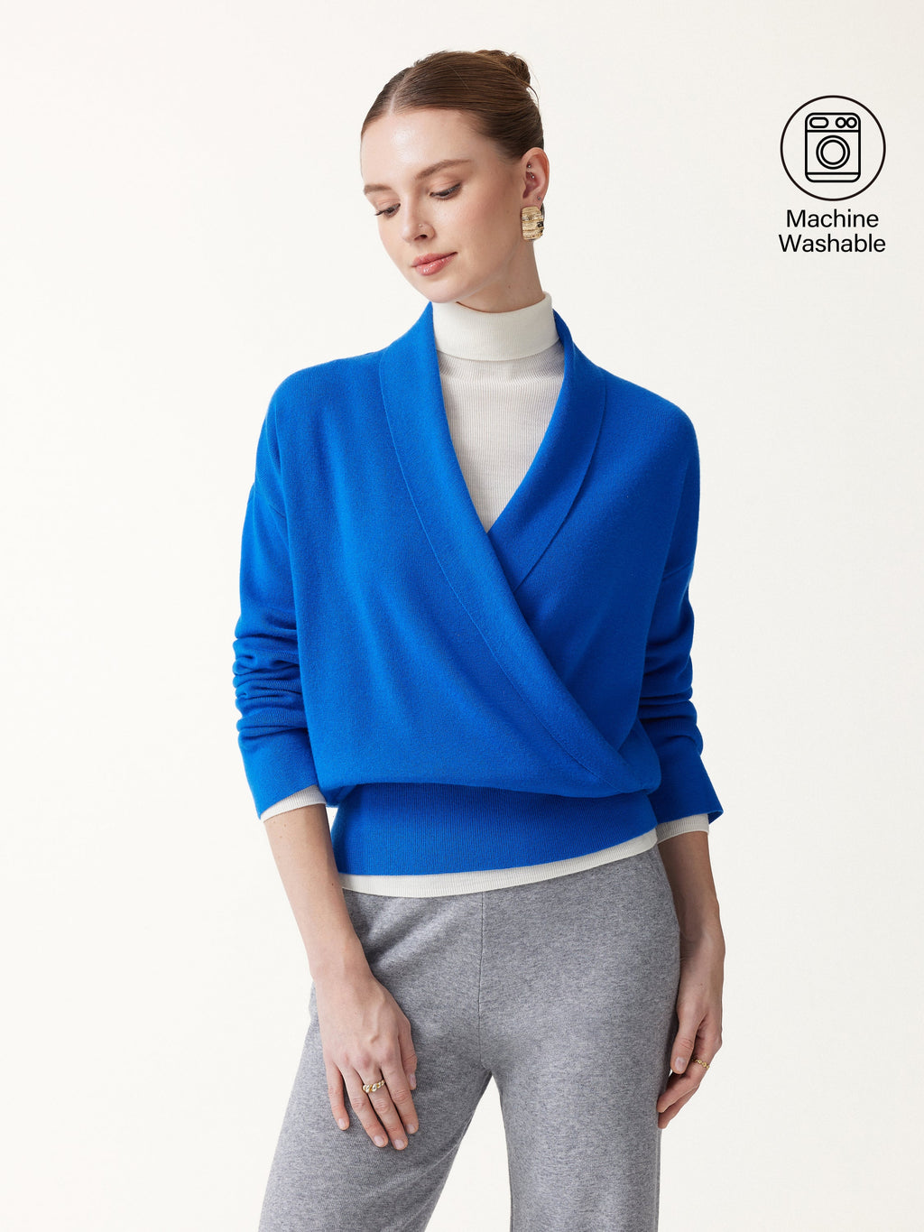Merino Wool Blend Cross Shawl Collar Banded Sweater