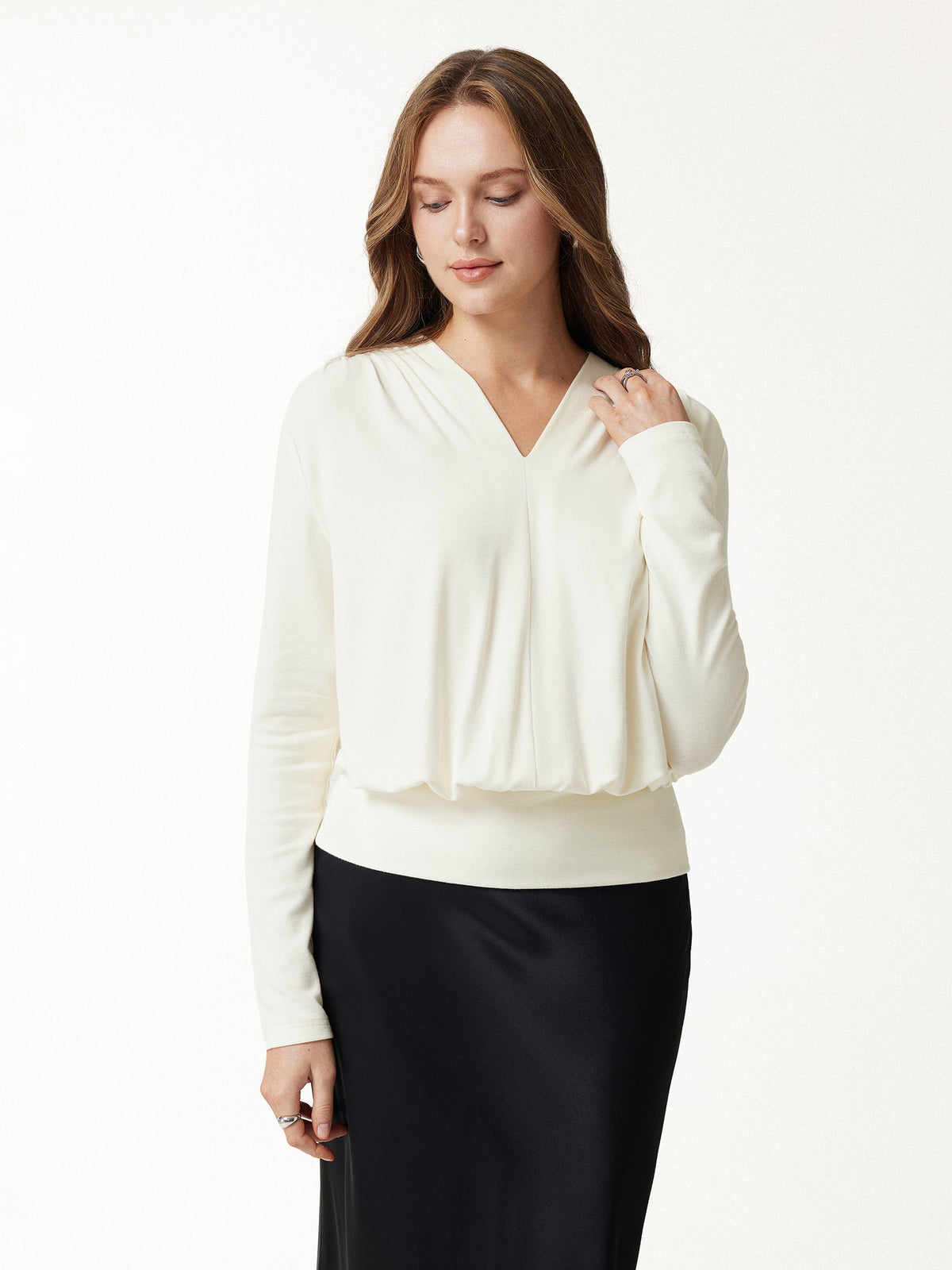 LiteWarm V-Neck Long Sleeve Ruched Banded Hem Top