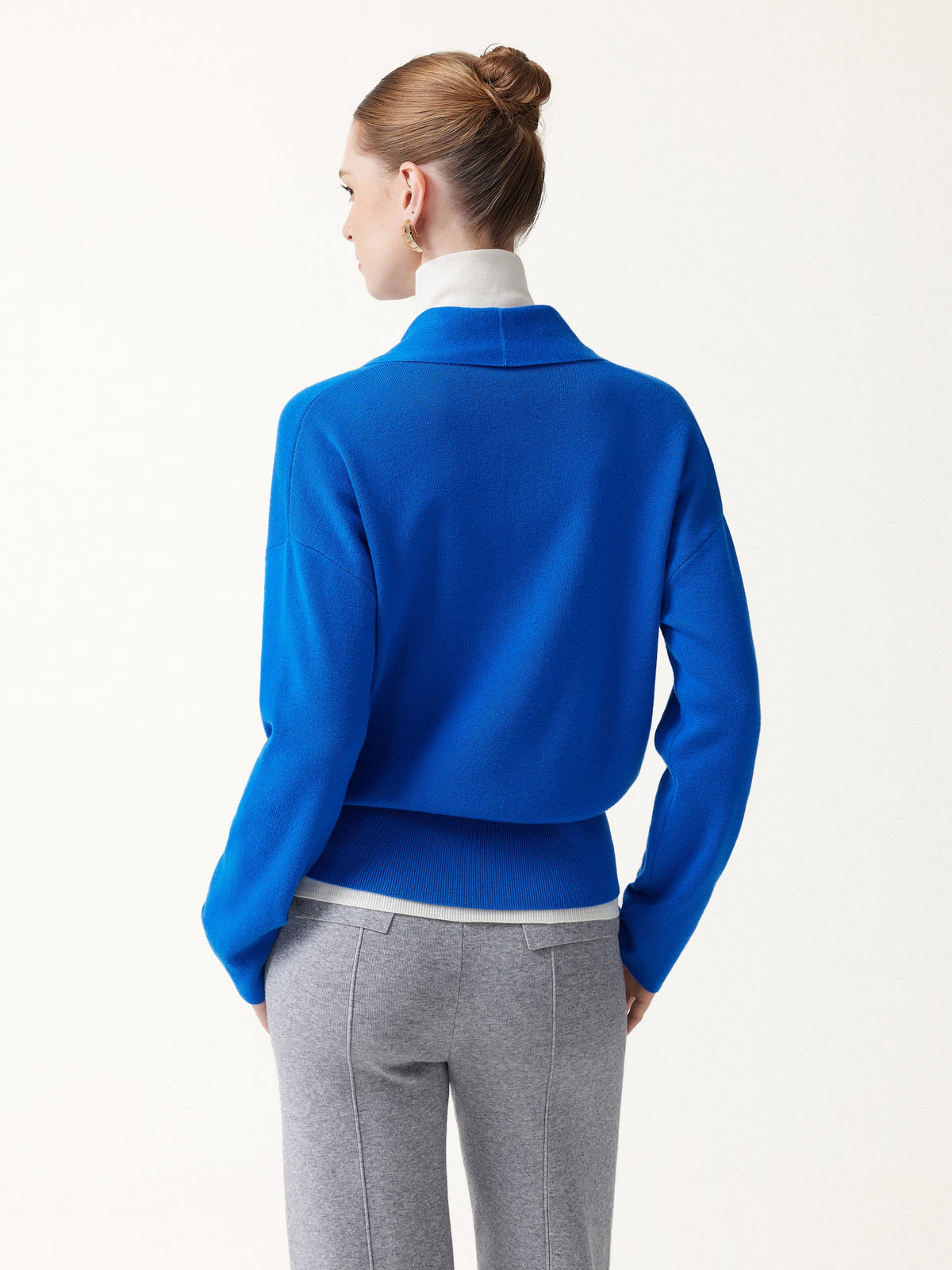 Merino Wool Blend Cross Shawl Collar Banded Sweater
