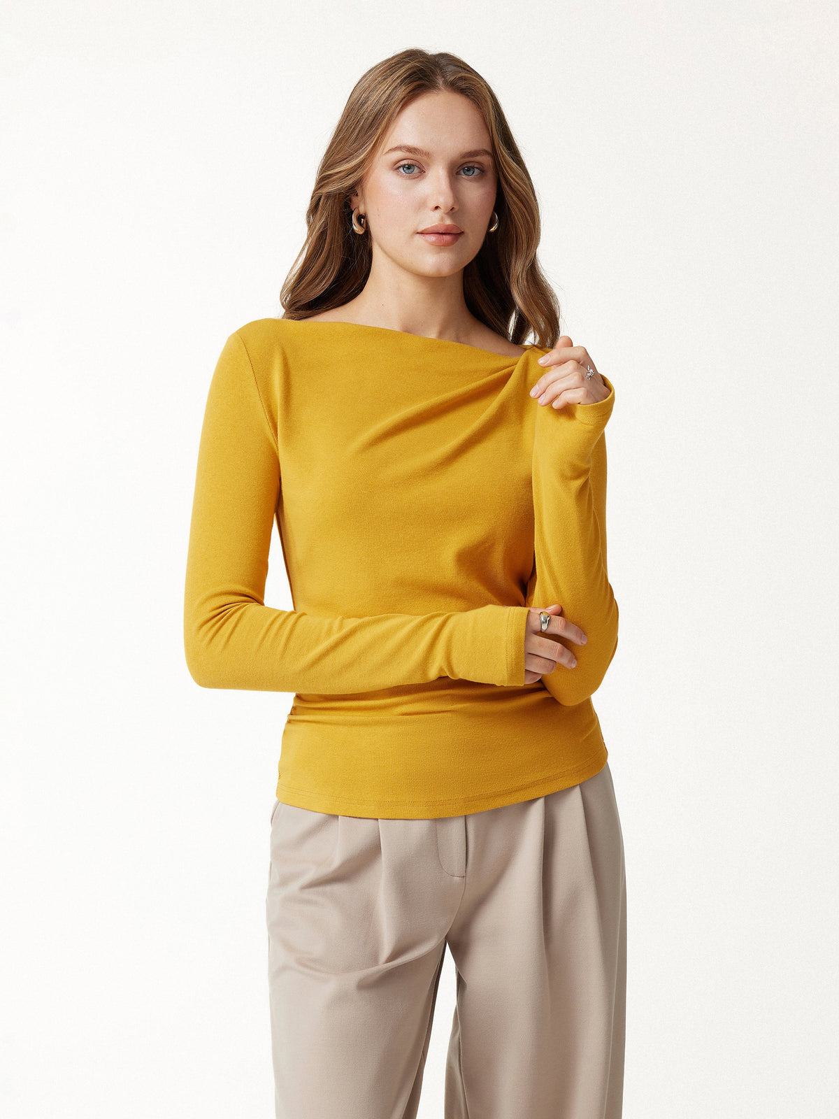 LiteWarm Asymmetrical Neck Long Sleeve Ruched Top