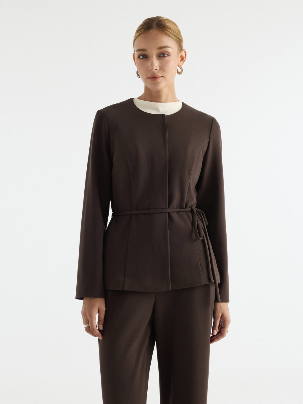 2Pcs Set Round Neck Belted Jacket with Pockets & High-Rise Wide-Leg Pants with Pockets