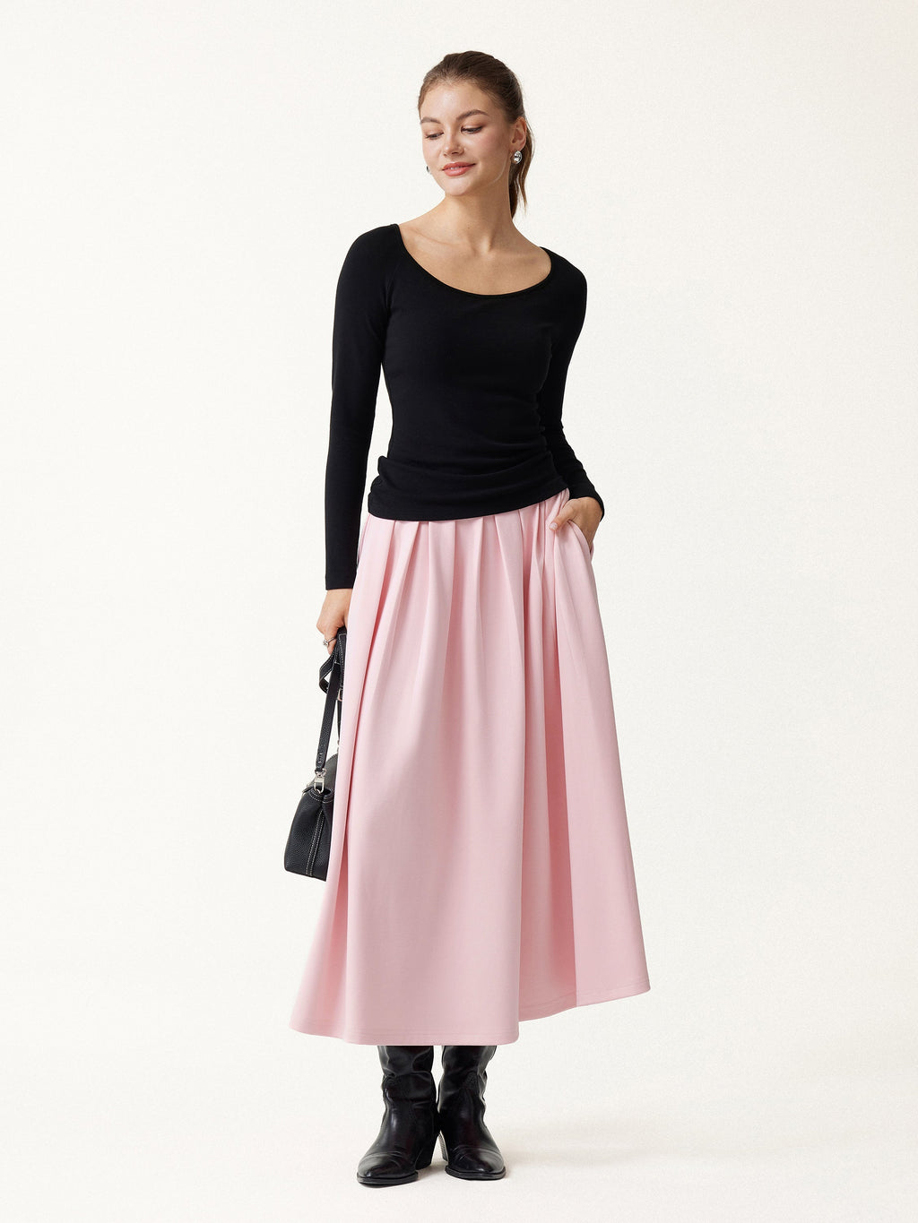 Viscose Ponte High-Rise Tucked Umbrella Midi Skirt with Pockets
