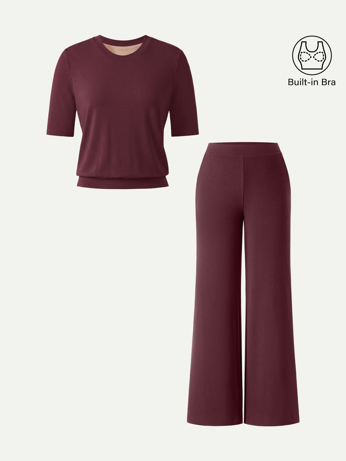 2Pcs Set Regular Mid Rise Wide Leg Pants & Crewneck Built-In Bra Top 2.0