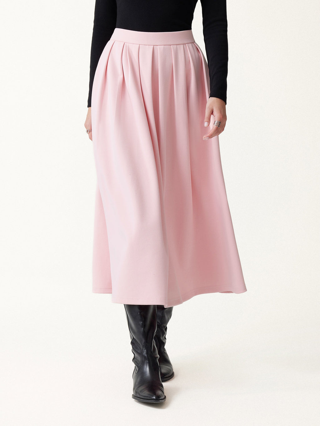 Viscose Ponte High-Rise Tucked Umbrella Midi Skirt with Pockets