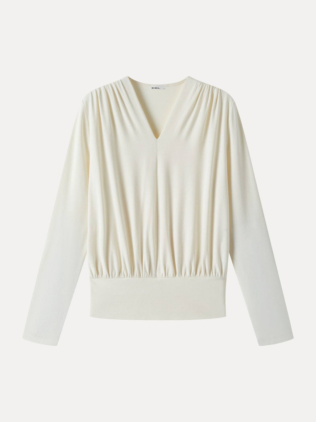 LiteWarm V-Neck Long Sleeve Ruched Banded Hem Top
