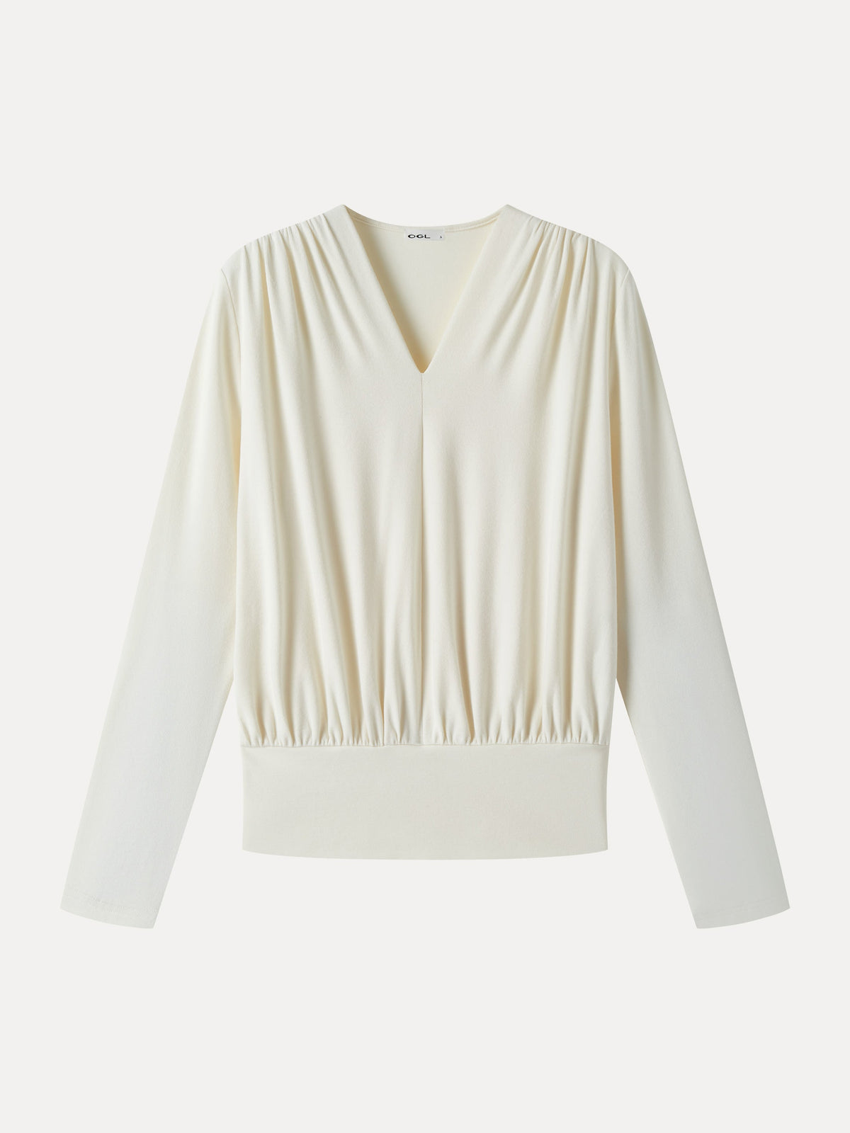 LiteWarm V-Neck Long Sleeve Ruched Banded Hem Top