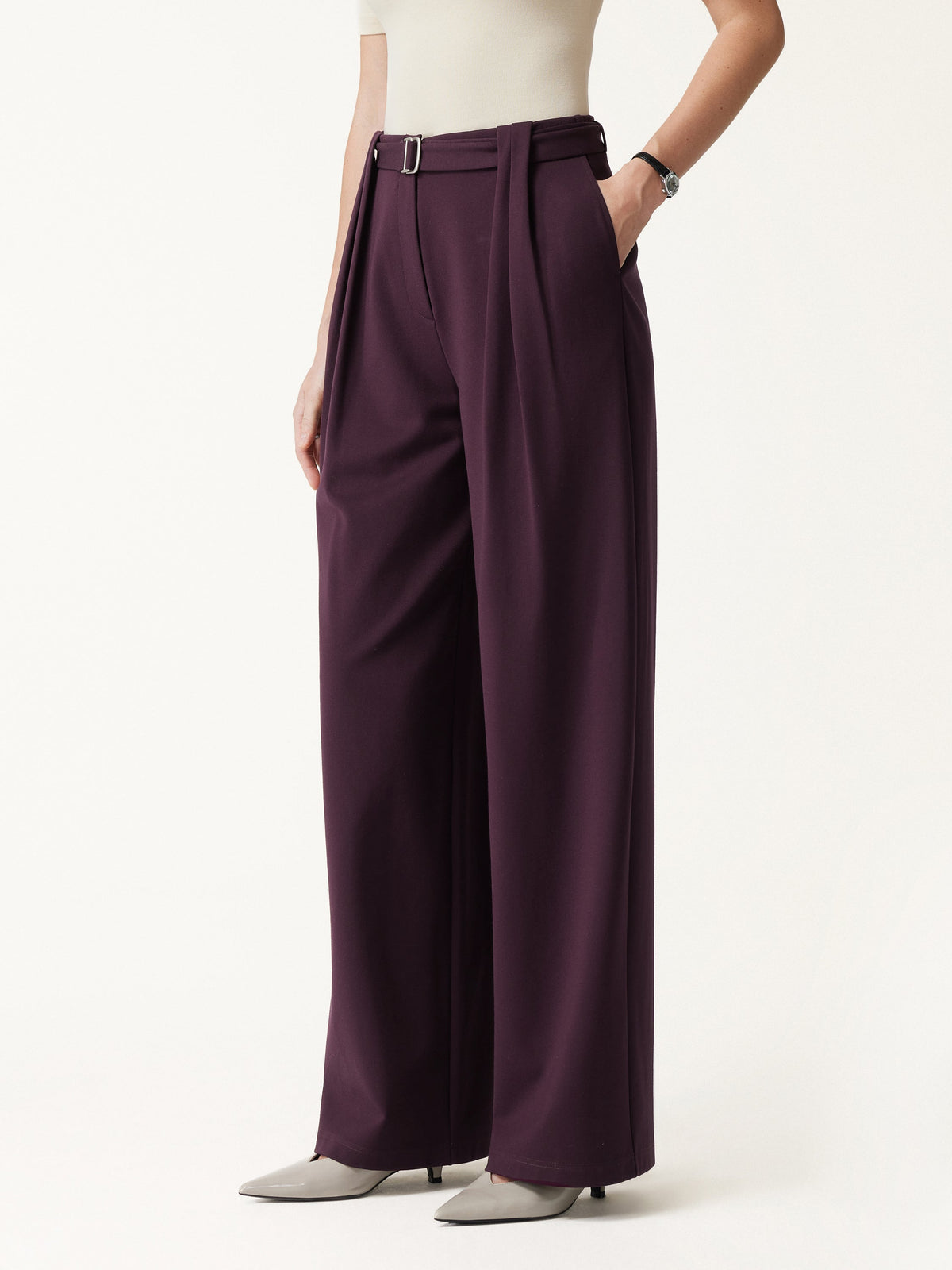 Stretch Ponte High-Rise Belted Wide-Leg Pants with Pockets