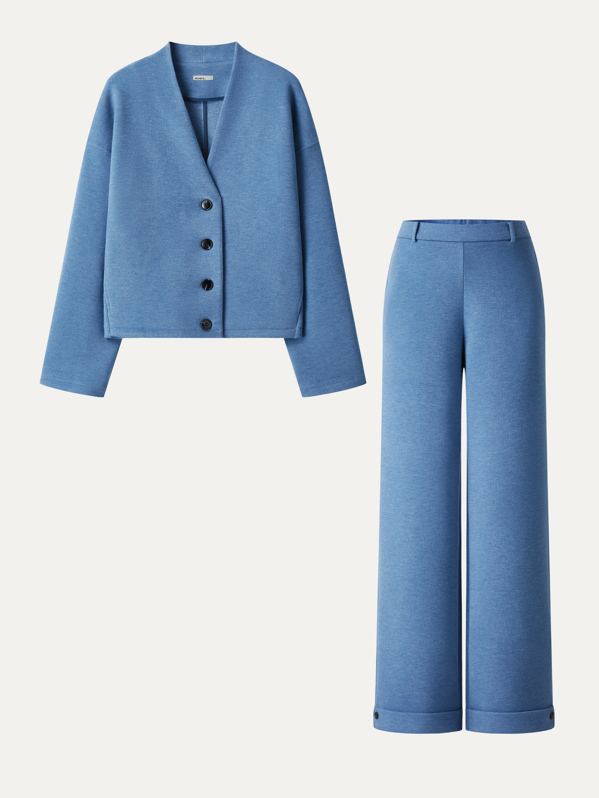 2Pcs Set V-Neck Button-Down Cardigan with Pockets & High-Rise Wide-Leg Pants with Pockets