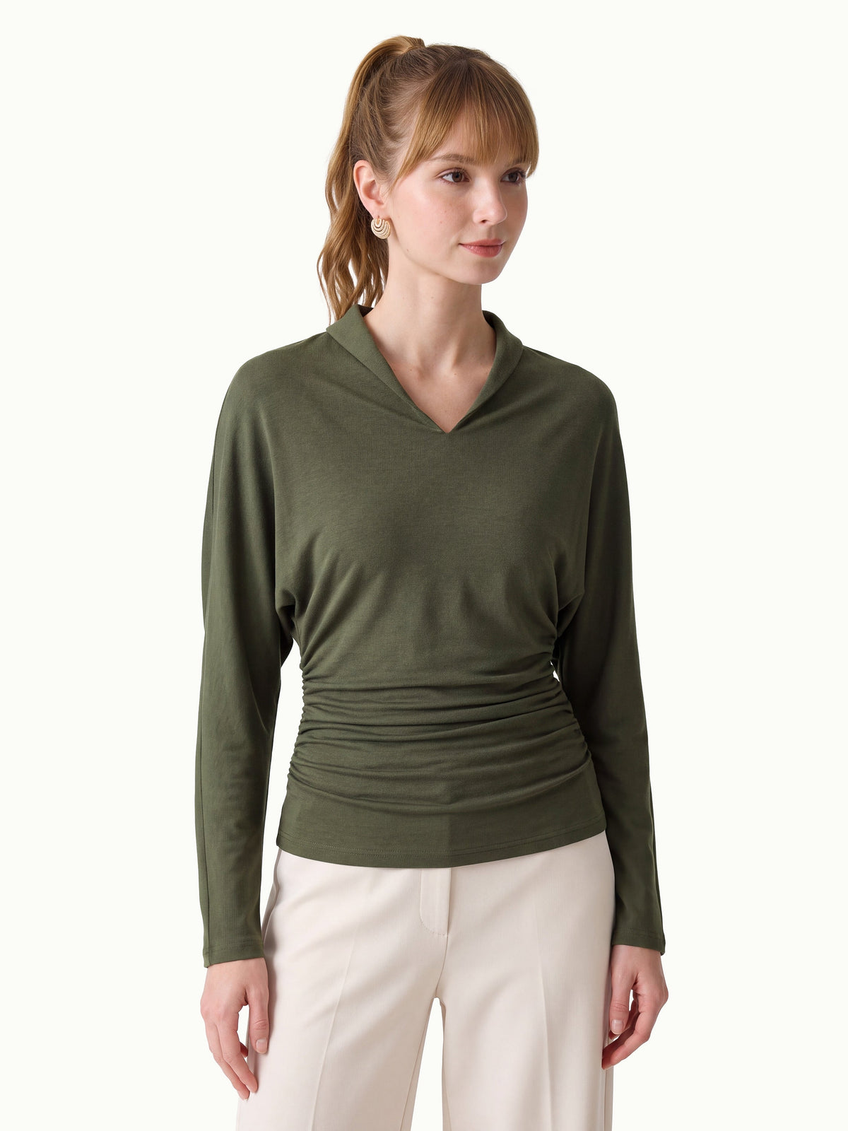 LiteWarm V-Neck Long Sleeve Ruched Cinched-Waist Top