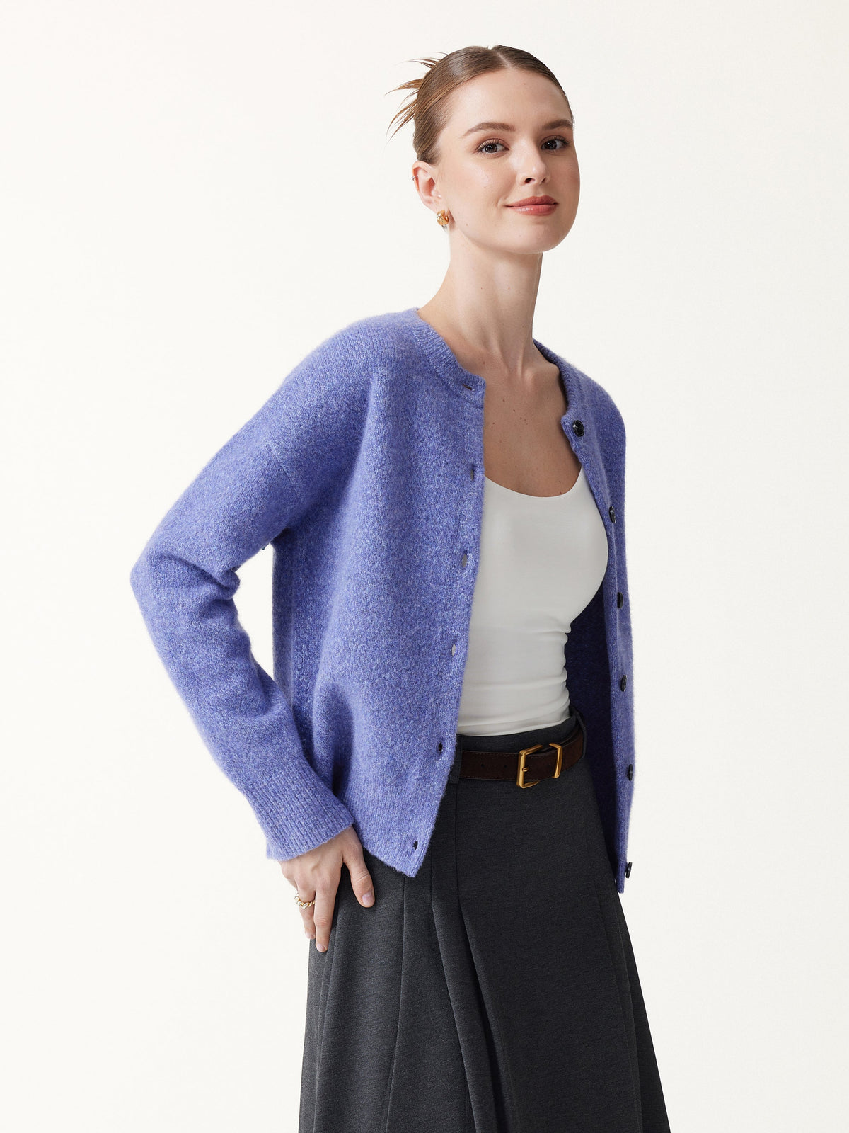 Luxe Halo Wool Blend Round Neck Cardigan Sweater