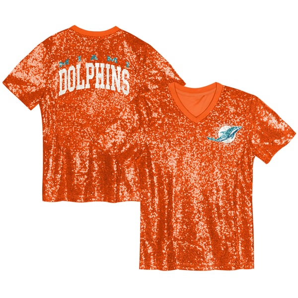 Miami Dolphins Girls Youth Wordmark Sequin V-Neck Top - Orange
