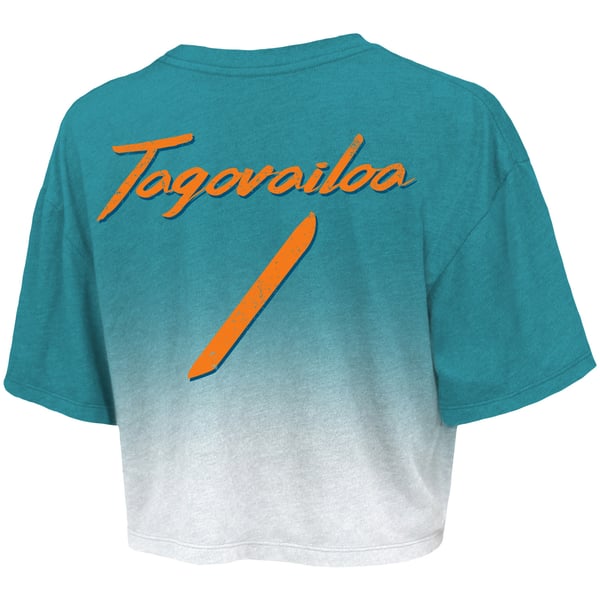 Tua Tagovailoa Miami Dolphins Majestic Threads Women's Dip-Dye Player Name & Number Crop Top - Aqua/White