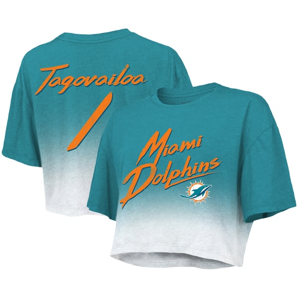 Tua Tagovailoa Miami Dolphins Majestic Threads Women's Dip-Dye Player Name & Number Crop Top - Aqua/White