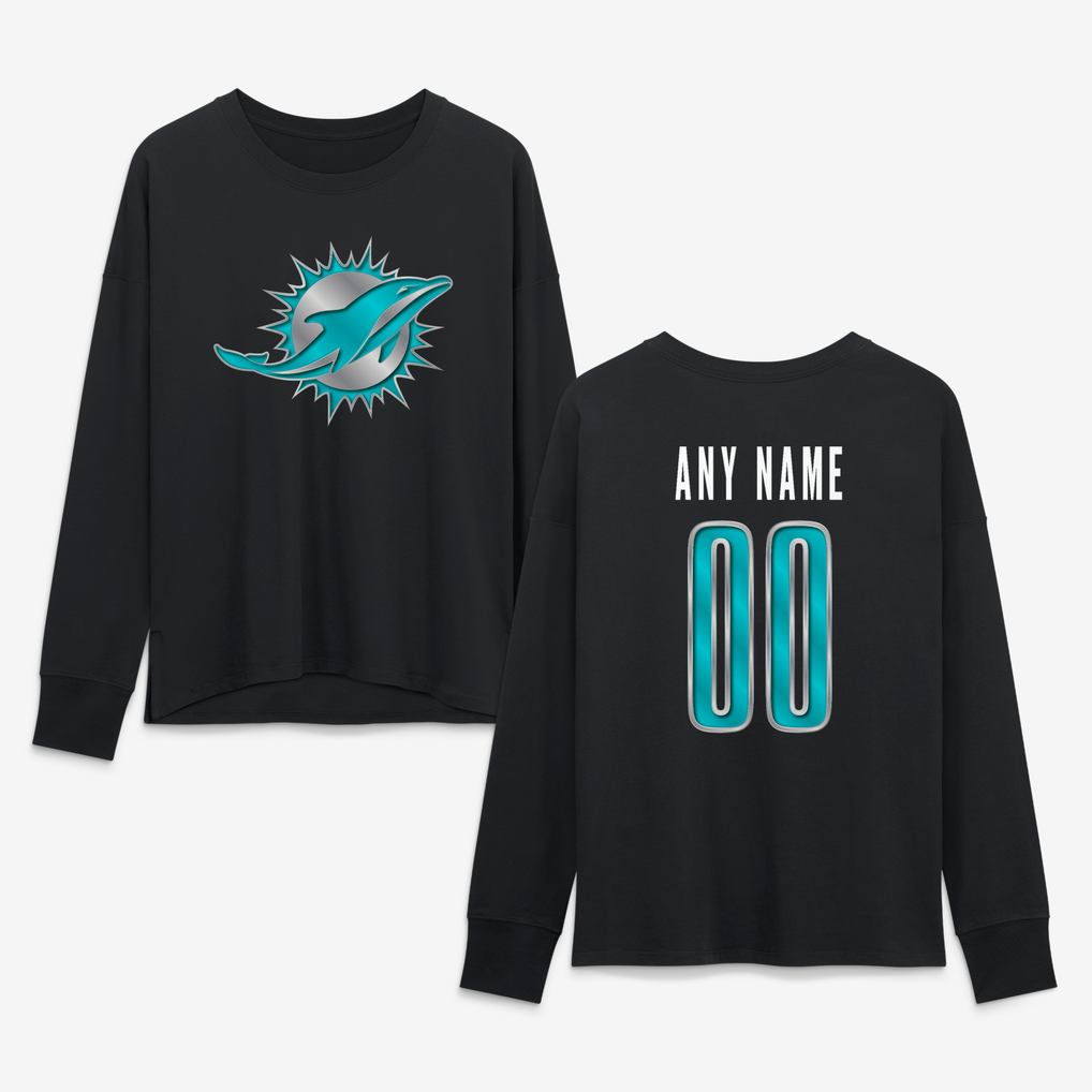 Miami Dolphins Women's Forged Mascot Personalized Name & Number Long Sleeve T-Shirt - Black