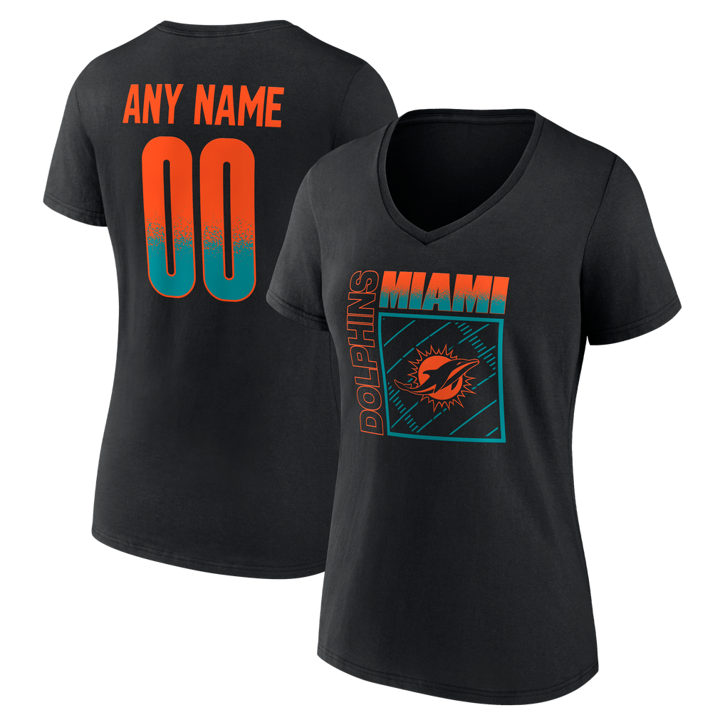 Miami Dolphins Women's Home Field Pop Personalized Name & Number V-Neck T-Shirt - Black
