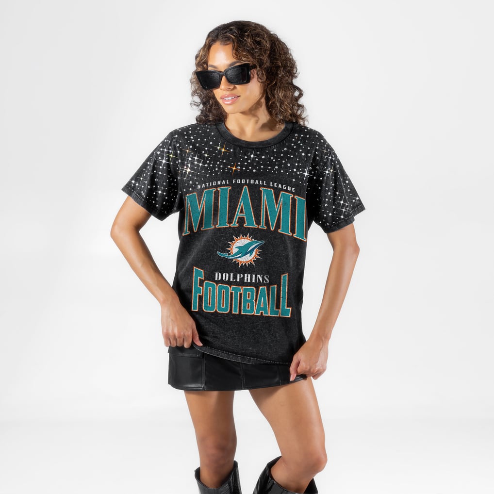 Miami Dolphins Gameday Couture Women's  In the Zone Washed Micro Rhinestone T-Shirt - Black