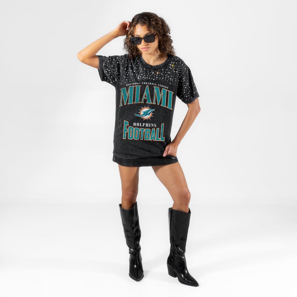 Miami Dolphins Gameday Couture Women's  In the Zone Washed Micro Rhinestone T-Shirt - Black