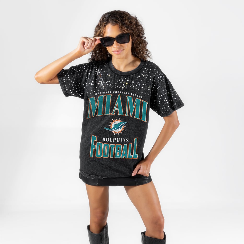 Miami Dolphins Gameday Couture Women's  In the Zone Washed Micro Rhinestone T-Shirt - Black