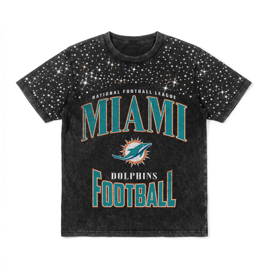 Miami Dolphins Gameday Couture Women's  In the Zone Washed Micro Rhinestone T-Shirt - Black