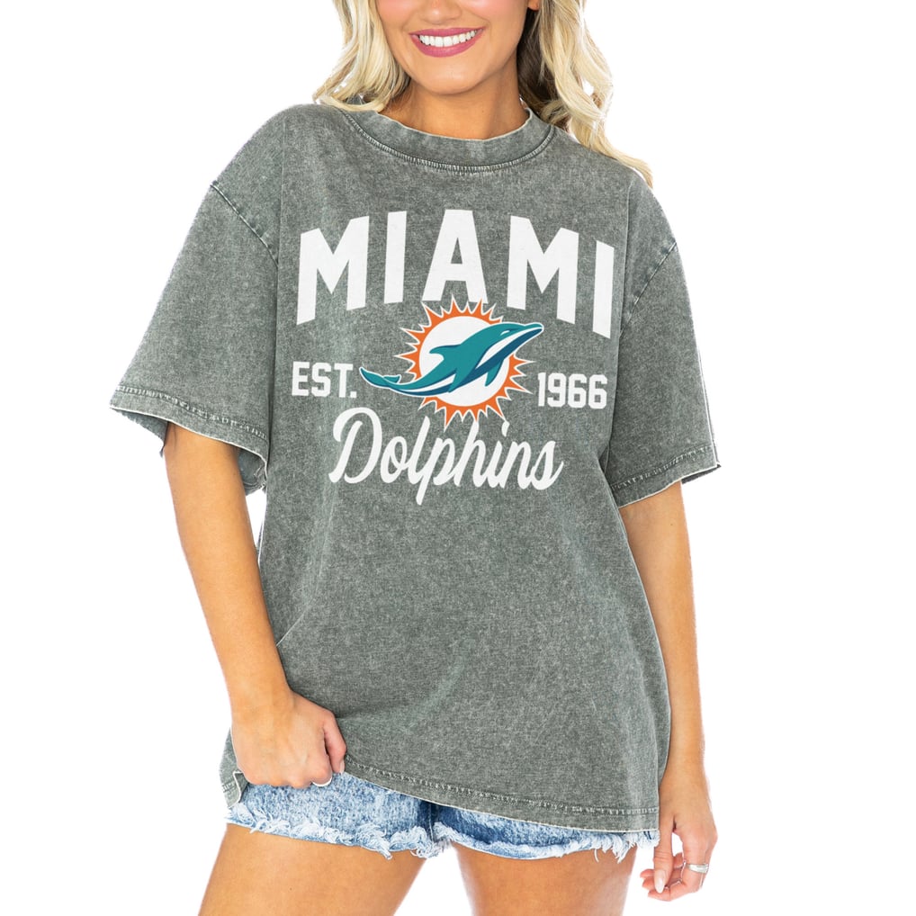  Miami Dolphins Gameday Couture Women's Tackle Titan Boyfriend Washed T-Shirt - Gray